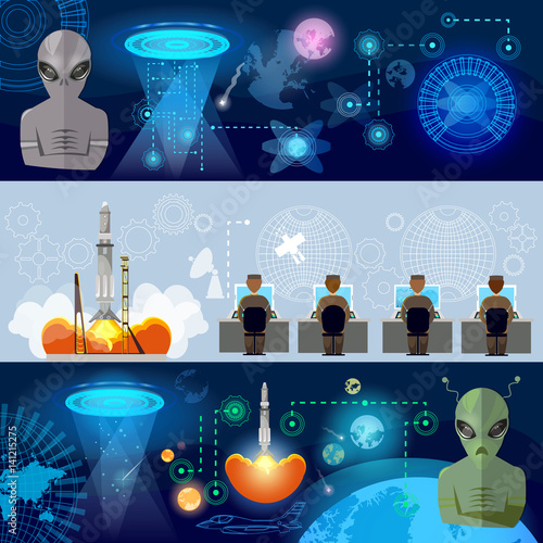 UFO banner, kidnapping aliens in space. First contact with aliens, secret files
