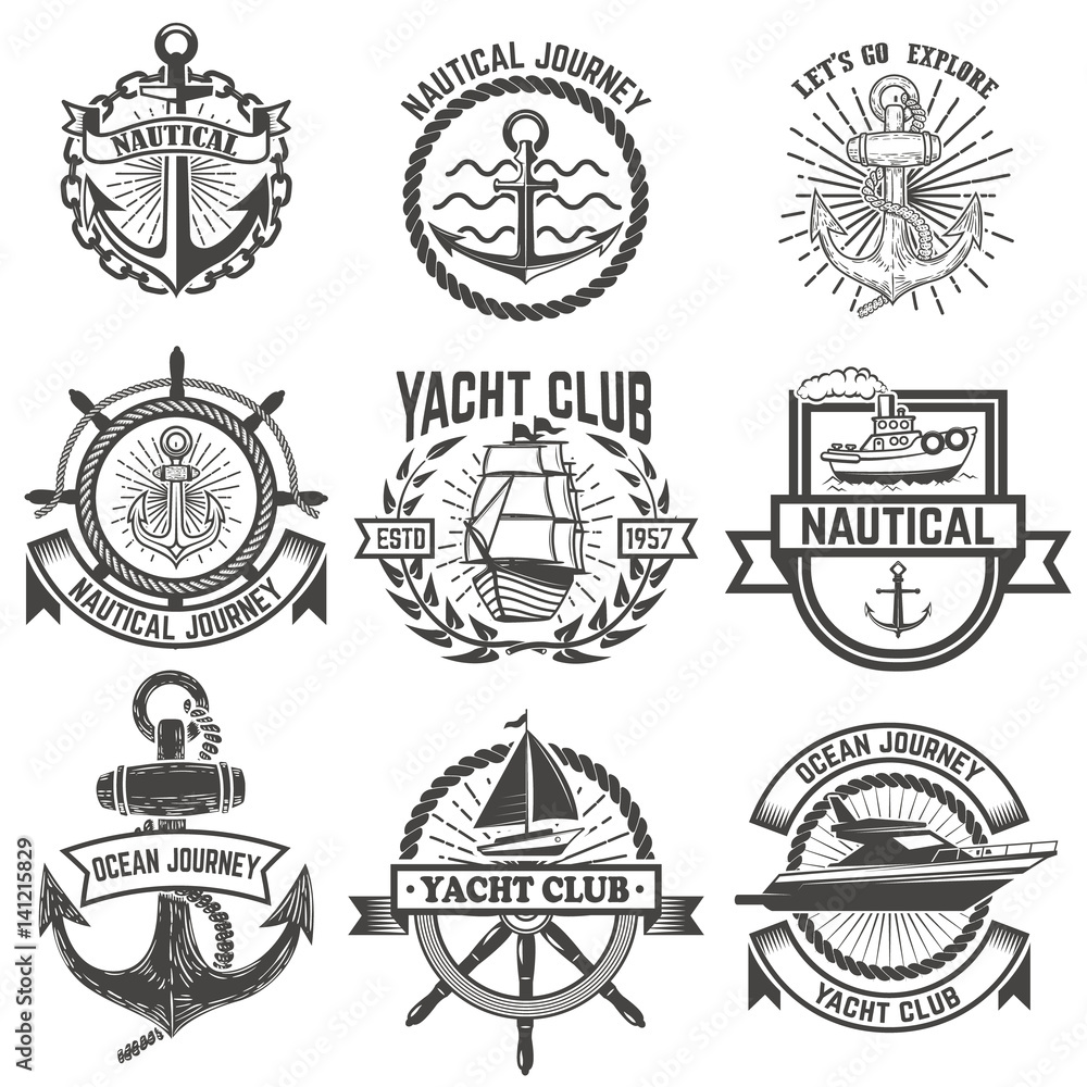 Set of yacht club labels. Nautical. Design elements for logo, label, emblem, sign, t-shirt. Vector illustration.