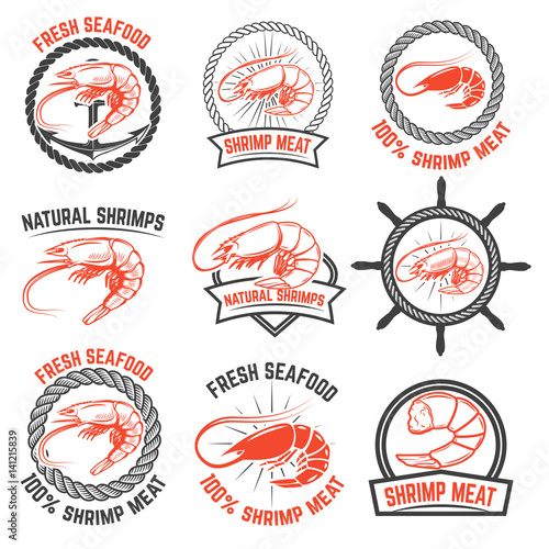 Set of the shrimps meat labels isolated on white background. Design element for logo, label, badge, sign. Vector illustration.