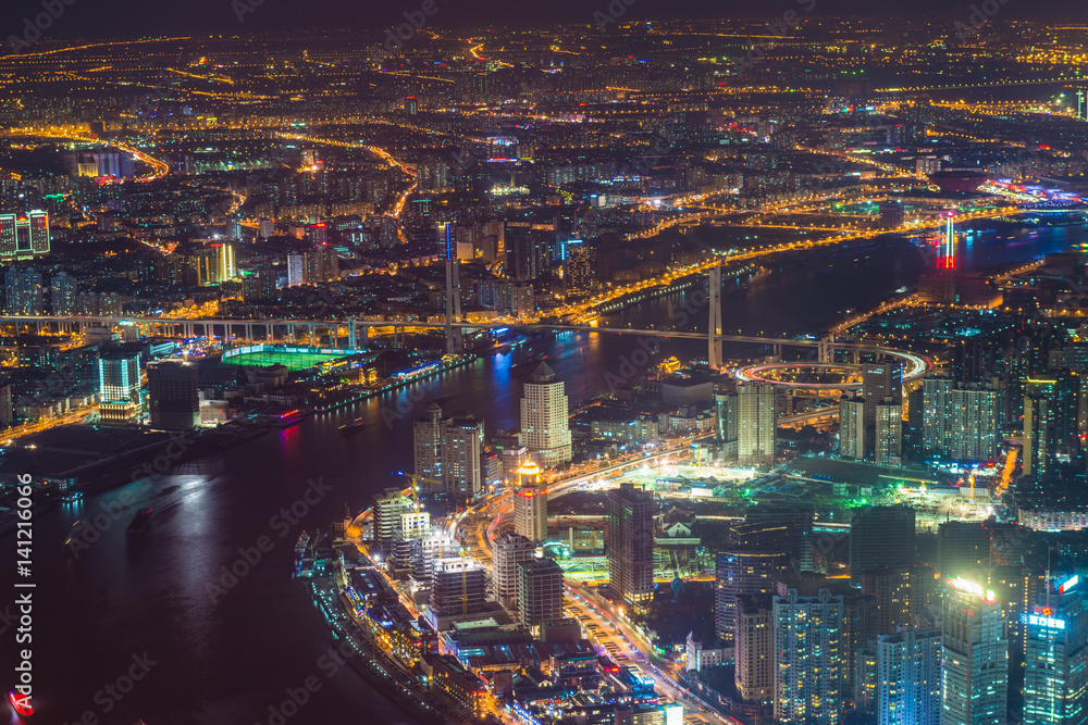 Fototapeta premium Shanghai neon night highway futuristic illuminated skyscrapers China