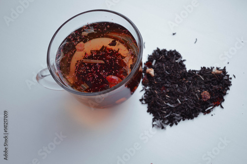 Top view of a cup hot tea love concept.