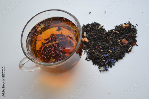 Top view of a cup hot tea love concept.