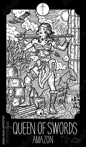Queen of Swords. Amazon. Minor Arcana Tarot card. Fantasy engraved illustration. See all collection in my portfolio set