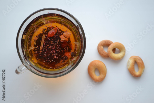 Top view of a cup hot tea.