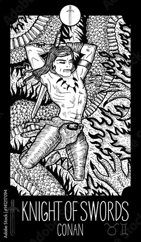 Knight of Swords. Conan. Minor Arcana Tarot card. Fantasy engraved illustration. See all collection in my portfolio set