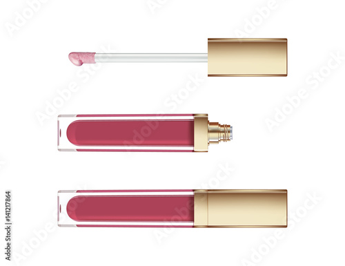 Lip gloss in elegant glass bottle with golden lid, closed and open container with brush, isolated on white background. Liquid lipstick. photo