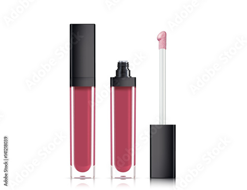 Lip gloss in elegant glass bottle with black lid, closed and open container with brush, isolated on white background. Liquid lipstick.