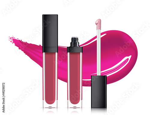 Lip gloss in elegant glass bottle with black lid, closed and open container with brush, isolated on white background. Liquid lipstick.