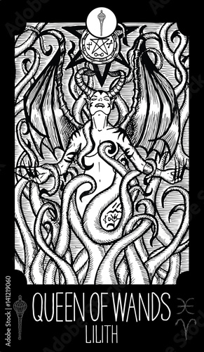 Queen of Wands. Lilith. Minor Arcana Tarot card. Fantasy engraved illustration. See all collection in my portfolio set