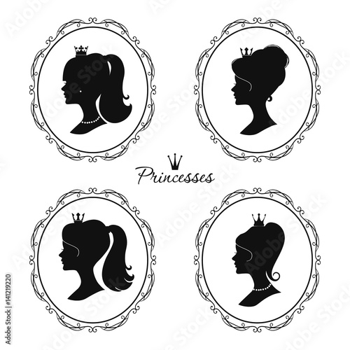 Princesses profile set. Beautiful female silhouettes.