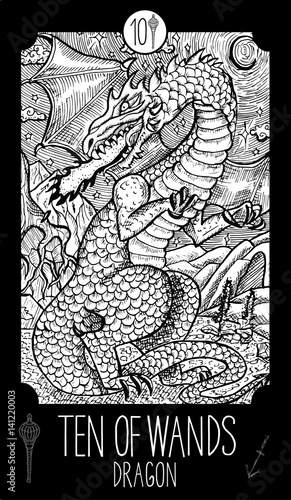 Ten of Wands. Dragon. Minor Arcana Tarot card. Fantasy engraved illustration. See all collection in my portfolio set