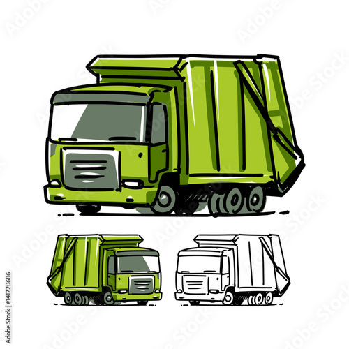Garbage Truck Sketch Illustration.