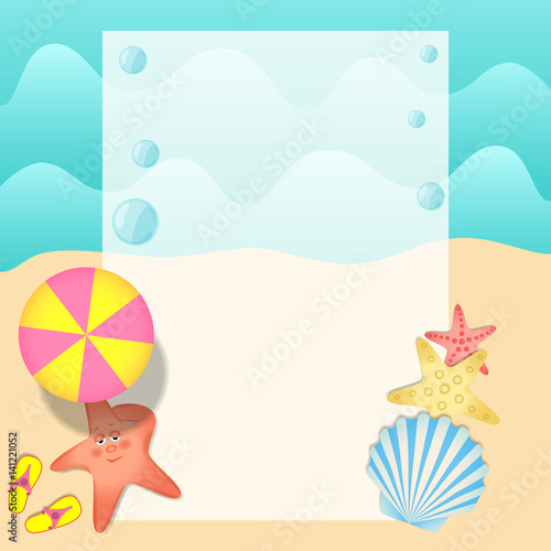 Beautiful square pattern for summer poster or flyer with sunbathing starfish and seashell on the background of a stylized sea and sandy beach.