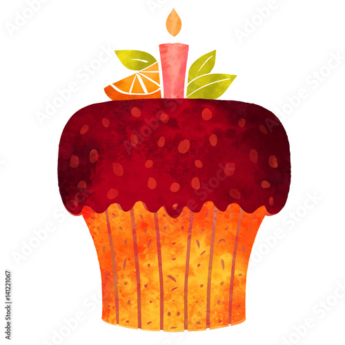 Watercolor cake with burning candle and citrus fruit slice