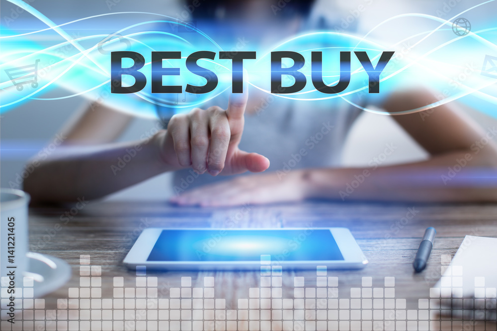 Woman using tablet pc, pressing on virtual screen and selecting best buy. Woman using tablet pc, pressing on virtual screen and selecting best buy.