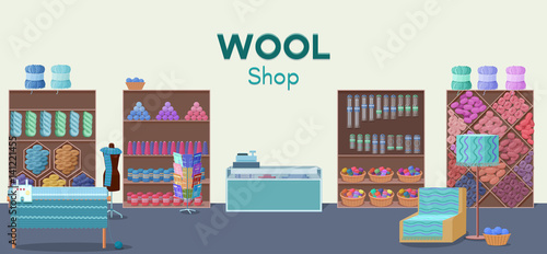 Wool shop interior template with yarn skeins, knitting tools,  machine and handmade hobby accessories in flat style vector illustration