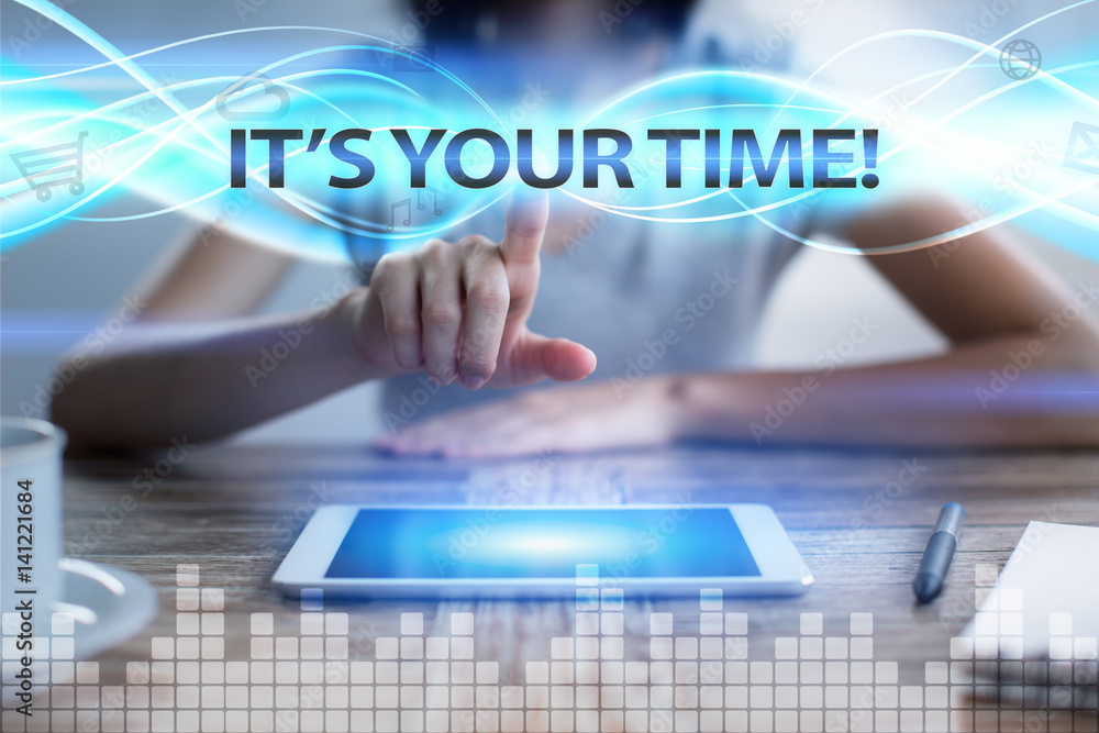 Woman using tablet pc, pressing on virtual screen and selecting it?s your time!. Woman using tablet pc, pressing on virtual screen and selecting it?s your time!.