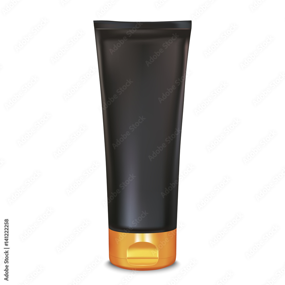 Black and gold makeup cream tube template. Cosmetics product mock-up. 3d Vector illustration for cream, soaps, foams, shampoo, lotions. Black and gold makeup cream tube template. Cosmetics product mock-up. 3d Vector illustration for cream, soaps, foams, shampoo, lotions.