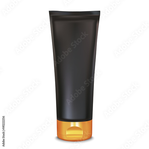 Black and gold makeup cream tube template. Cosmetics product mock-up. 3d Vector illustration for cream, soaps, foams, shampoo, lotions.