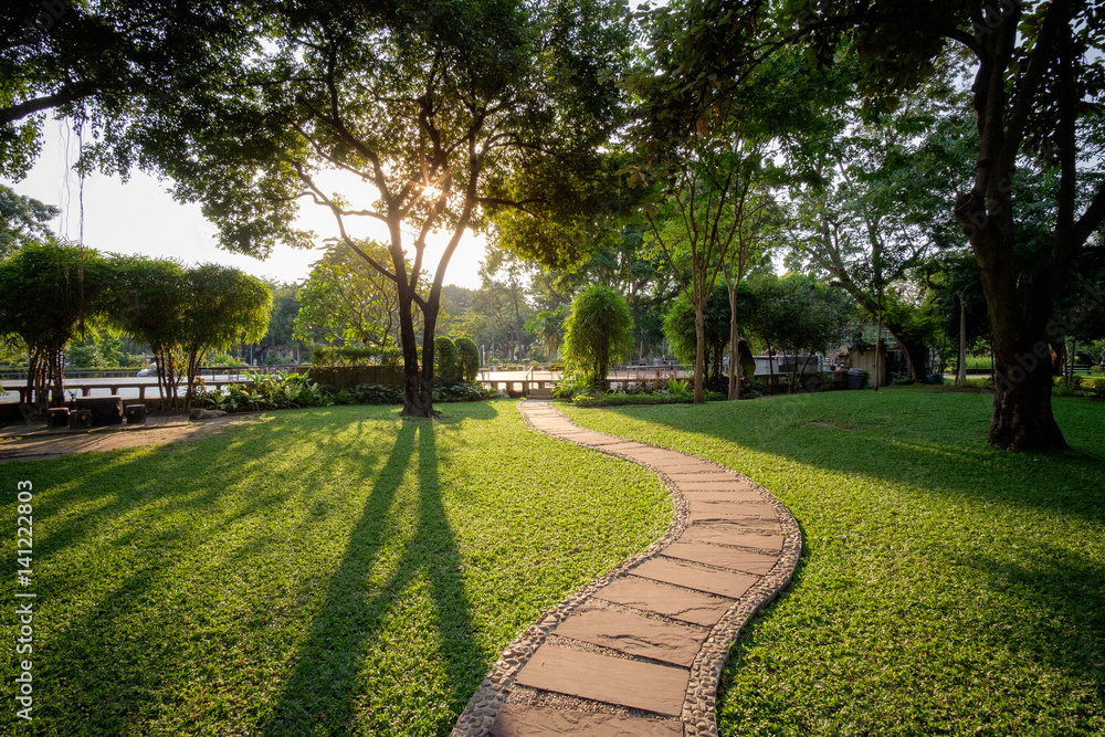 Beautiful urban park in sunny day of Bangkok city, Thailand. Small concrete walkway on green grass lawn in the park with warm sunlight at sunset time, outdoor landscape photography
