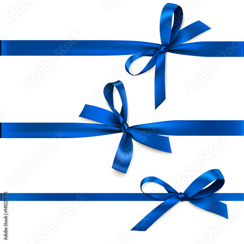 Set of beautiful decorative bows with horizontal ribbon for gift decoration. Vector blue bow isolated on white