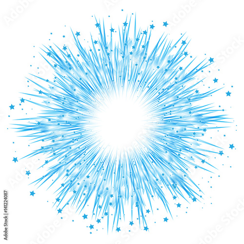Festive fireworks of blue gradient rays and stars. Effect power explosion illustration. Holiday design element. Vector
