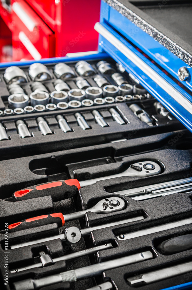 Fototapeta premium Toolbox in the workshop, close-up
