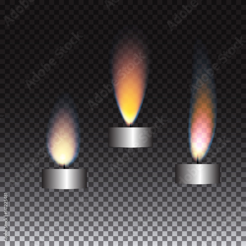 Realistic candle flame set on transparent background