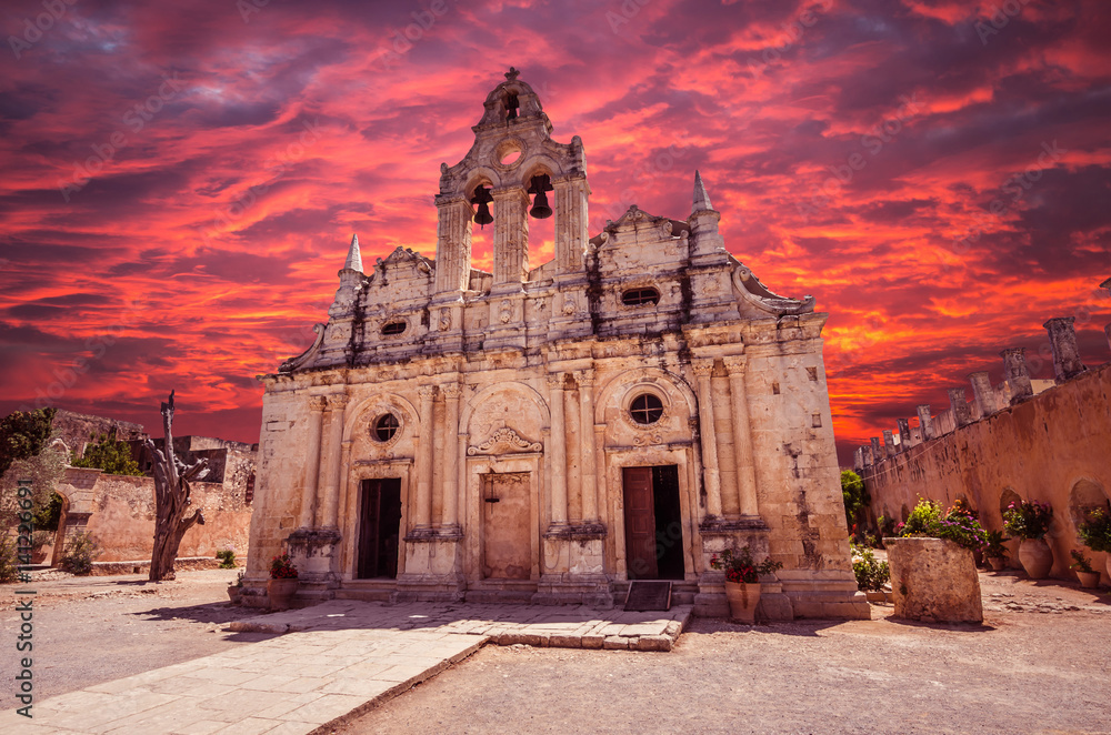 Arkadi monastery on Crete island, Greece. Ekklisia Timios Stavros - Moni Arkadiou in Greek. It is a Venetian baroque church. Arkadi monastery on Crete island, Greece. Ekklisia Timios Stavros - Moni Arkadiou in Greek. It is a Venetian baroque church.
