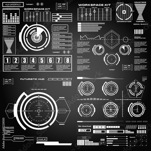 Futuristic black and white HUD, virtual touch user interface in flat design