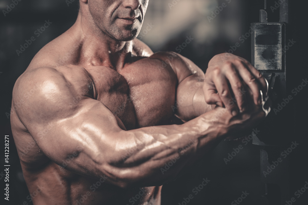 Brutal caucasian handsome fitness men on diet training chest pumping Brutal caucasian handsome fitness men on diet training chest pumping