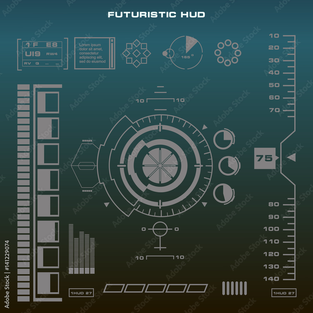 Futuristic black and white HUD, virtual touch user interface in flat design Futuristic black and white HUD, virtual touch user interface in flat design