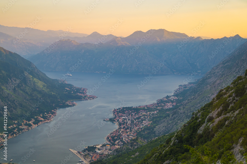 sunset over the bay of Kotor in Montenegro panorama of mountains, sea and fjord
