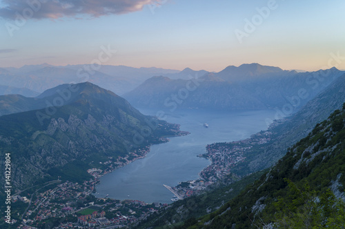 sunset over the bay of Kotor in Montenegro panorama of mountains, sea and fjord