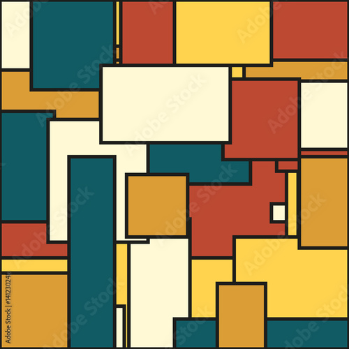 Abstract background in solid muted colors of yellow, tan, blue and dark orange (brick color)