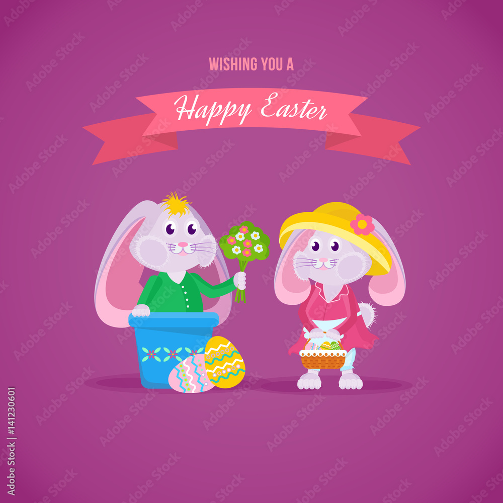 Beautiful holiday hares, one gives bouquet of flowers to another. Beautiful holiday hares, one gives bouquet of flowers to another.