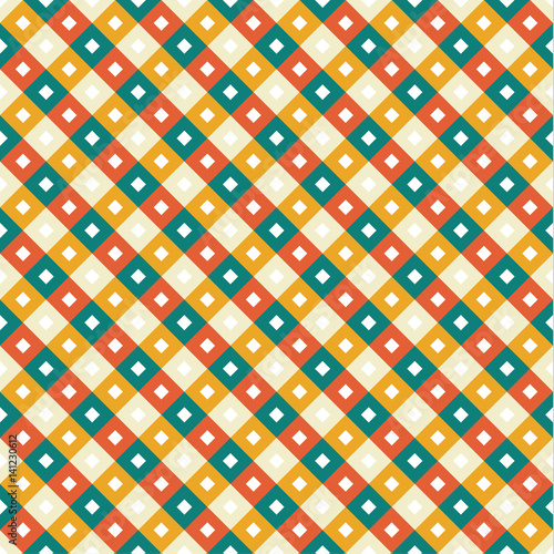Seamless swatch - square or rhombus ornaments in diagonal way and retro muted colors - blue, orange, brick and tan colors with white squares in center of each one