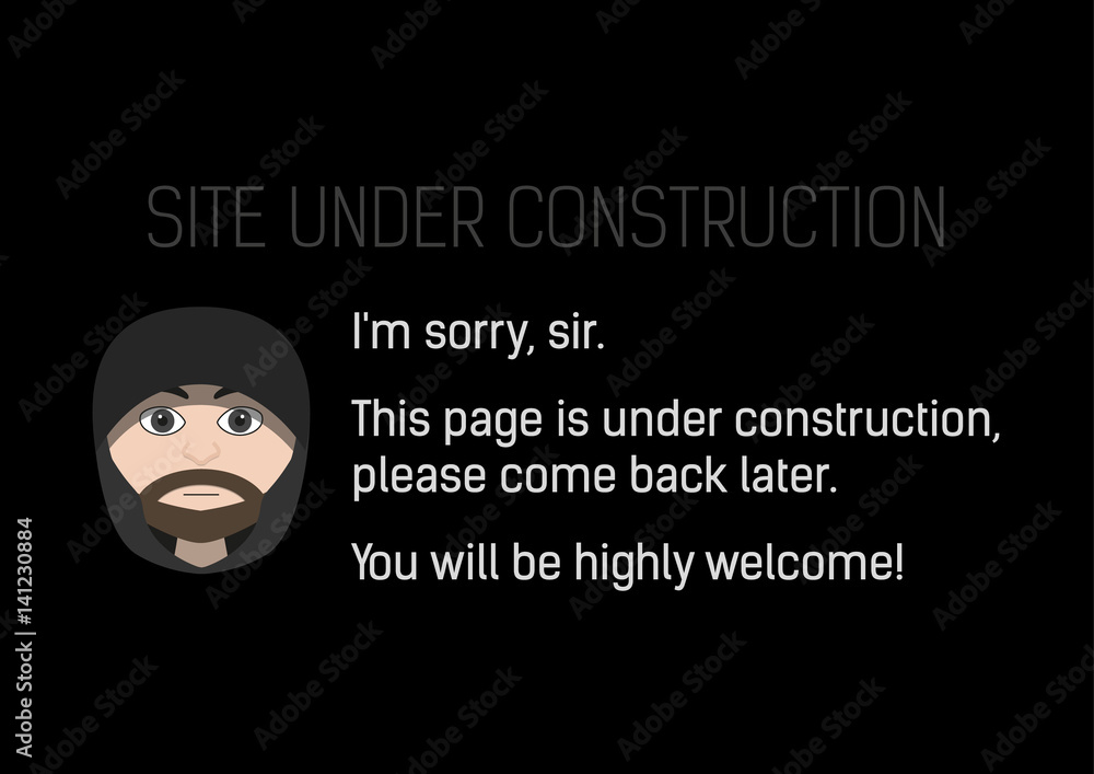 Stylized Site under construction - man in hood, rogue, with polite text on black background Stylized Site under construction - man in hood, rogue, with polite text on black background