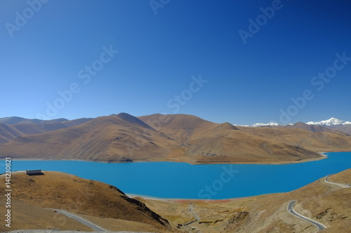 a turquoise blue lake
