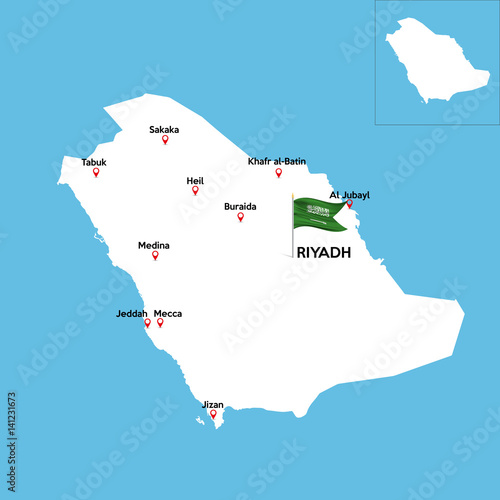 A detailed map of Saudi Arabia with indexes of major cities of the country. National flag of the state. Vector illustration.