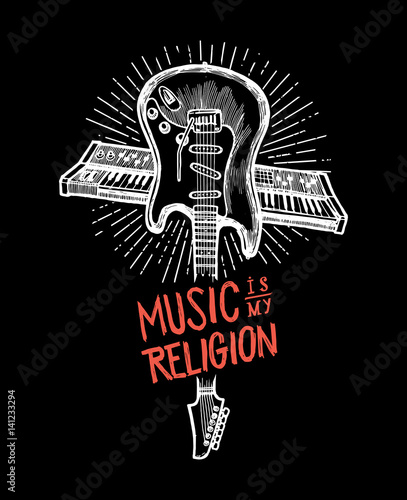 music is my religion - crossed guitar and synthesizer grunge rock music print