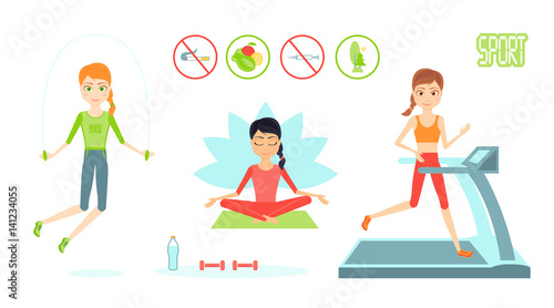 Sportswoman character set. Cartoon vector flat infographic illustration. Girl leads a healthy sport lifestyle. Yoga, on the treadmill. Jumping rope, dumbbells, water bottle.