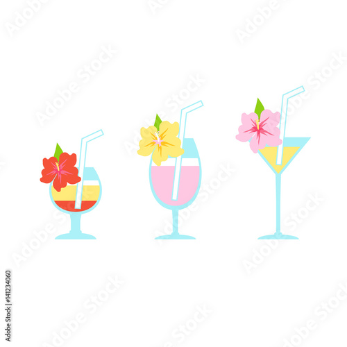 Vector set of flat illustrations of tropical cocktails. Various alcoholic drinks in glasses decorated with exotic flowers.