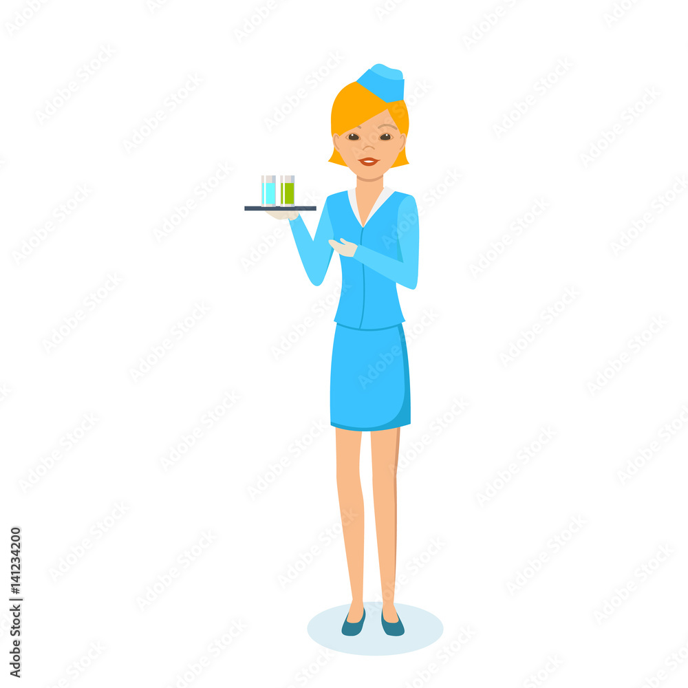 Girl in beautiful clothes of stewardess, carries tray with drinks. Girl in beautiful clothes of stewardess, carries tray with drinks.