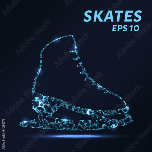Skates are composed of dots, lines and triangles. The polygon shape in the form of a silhouette of the skates on a dark background. Vector illustration. Graphic concept skates