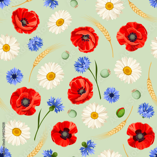 Vector seamless pattern with red poppies, white daisies, blue cornflowers and ears of wheat on a green background.