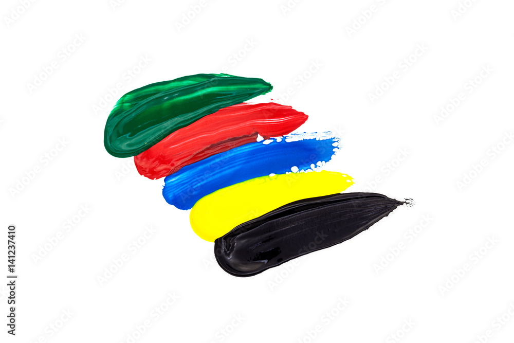 black,yellow,blue,red,green brush strokes oil paint isolated on white background. black,yellow,blue,red,green brush strokes oil paint isolated on white background.