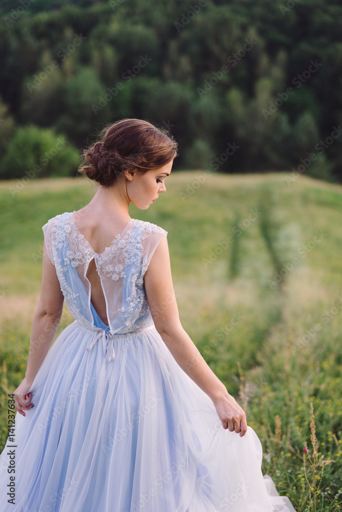 Beautiful young caucasian stylish girl in blue evening gown standing on the background of spectacular nature, hills and trees. Woman portrait outdoors. Copy space. Beauty, health care concept. Beautiful young caucasian stylish girl in blue evening gown standing on the background of spectacular nature, hills and trees. Woman portrait outdoors. Copy space. Beauty, health care concept.