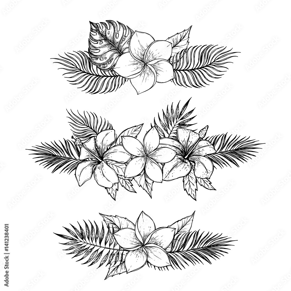 Hand drawn vector illustrations - bouquets of tropical flowers and palm branches. Summer time. Perfect for invitations, greeting cards, blogs, posters and more. Hand drawn vector illustrations - bouquets of tropical flowers and palm branches. Summer time. Perfect for invitations, greeting cards, blogs, posters and more.