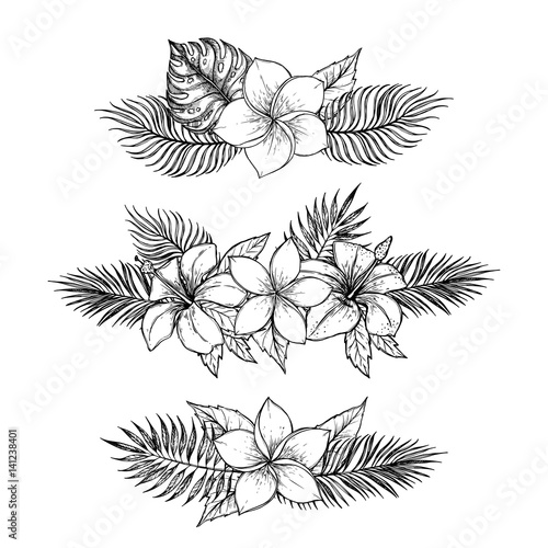 Hand drawn vector illustrations - bouquets of tropical flowers and palm branches. Summer time. Perfect for invitations, greeting cards, blogs, posters and more.